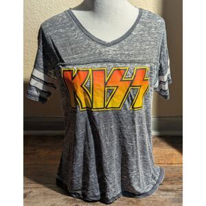 XL KISS Band Graphic Tee Grey Striped Sleeve V-Neck T-Shirt
